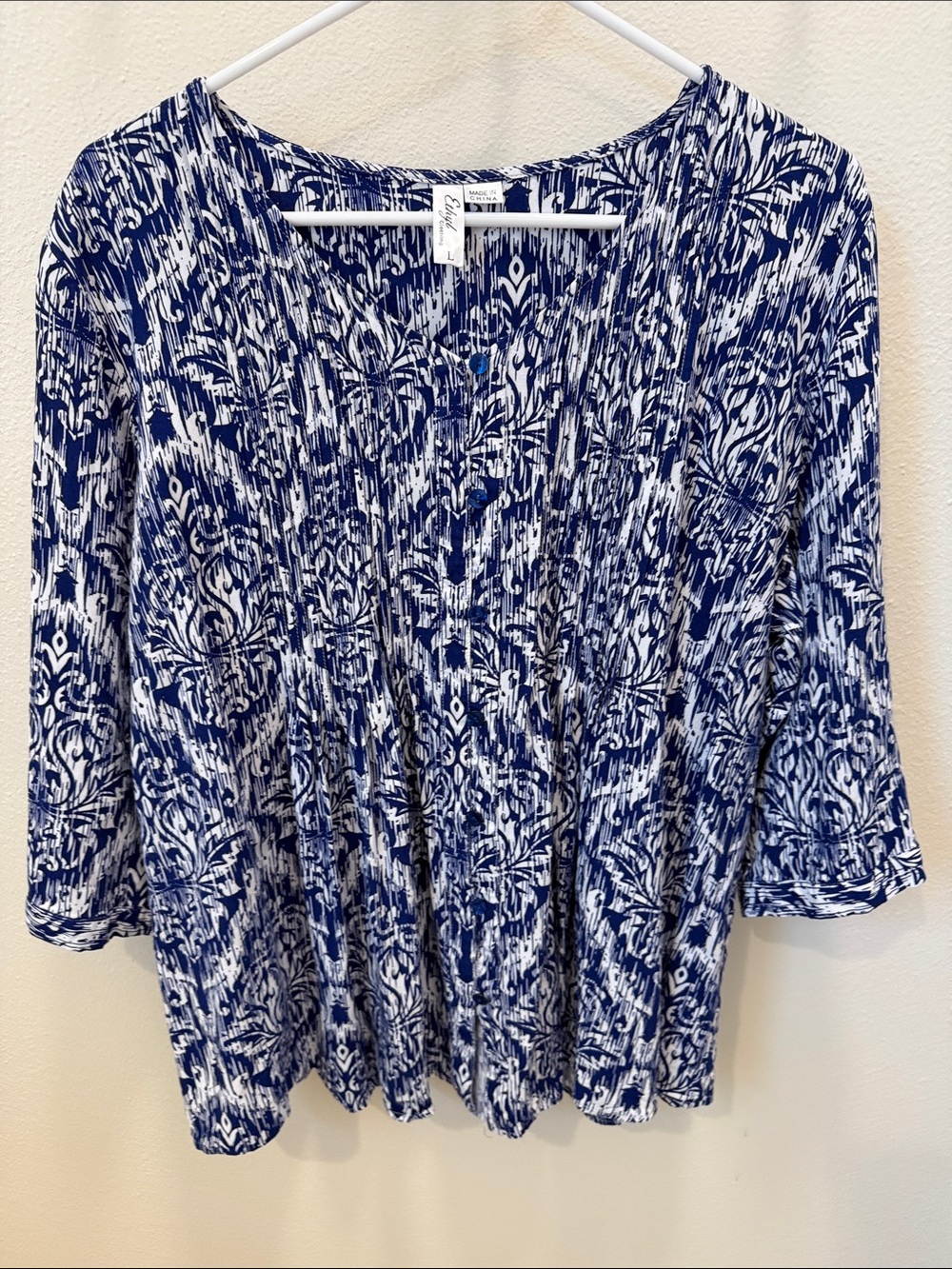 Ethyl Blue & White Patterned Pleated Tunic Top Size L